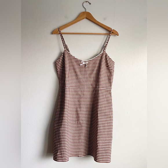UO Gingham Brown Mini Dress Coquette Cottagecore Festival Outhold Boho Hipster L - Picture 2 of 12
